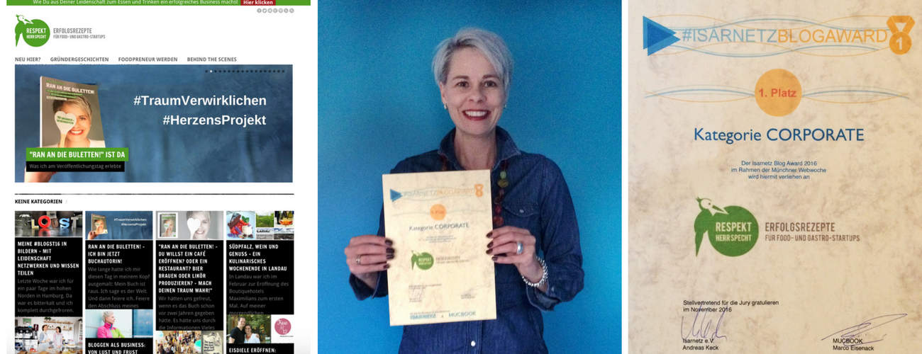 Bettina Sturm gewinnt mit ihrem FoodPreneur-Blog "Respekt Herr Specht" den Isarnetz Blog Award in der Kategorie CORPORATE. Ein "Hoch" auf diesen Nischenblog.